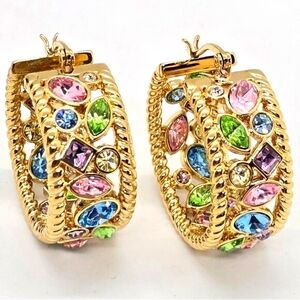 Massive Fashion Hoop Earrings Pastel Colorful Rhinestones 1 5/16 x 1 1/8in Gold